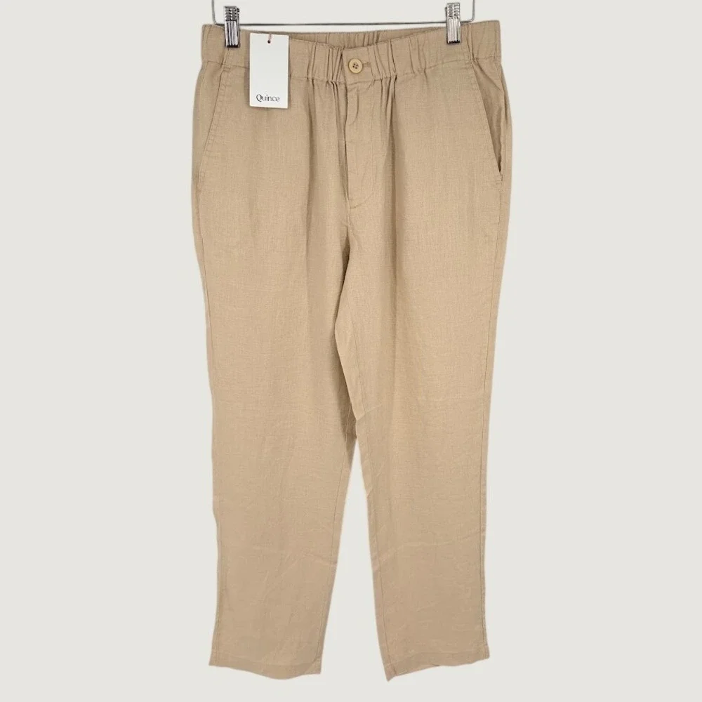 NEW Quince 100% European Linen Pants Mens S Driftwood Tan Elastic Waist Neutral